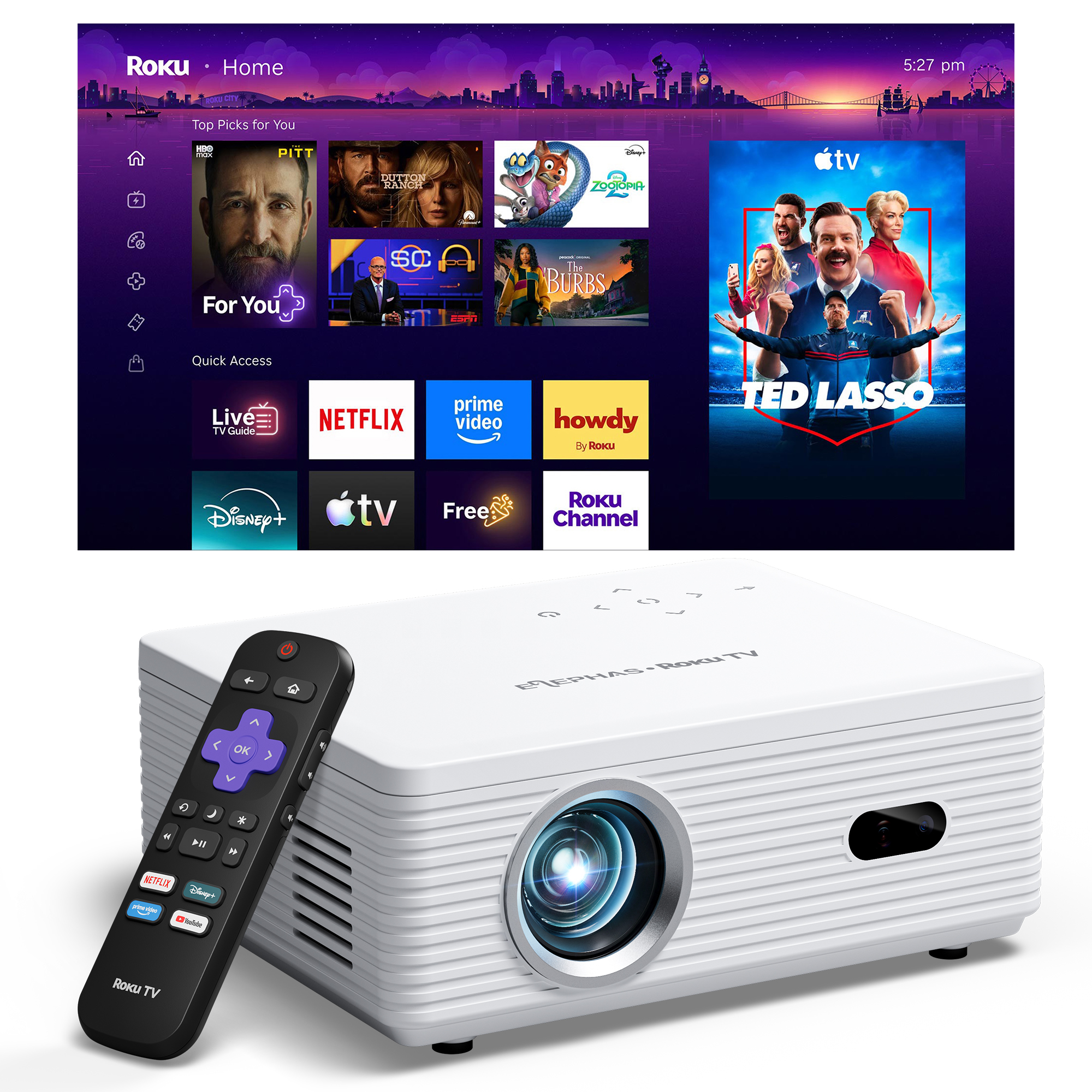 ELEPHAS H272 Roku TV smart projector with Roku remote and home screen